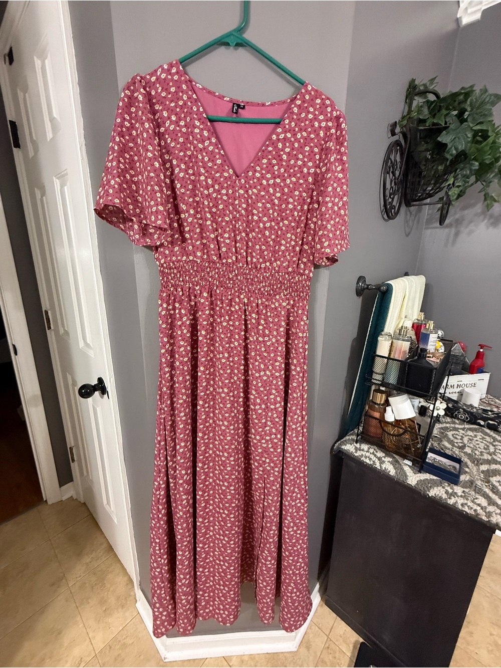 Pink Floral V-Neck Smocked Waist Maxi Dress